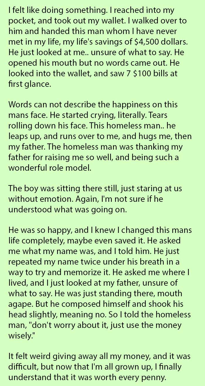 young boy help homeless man