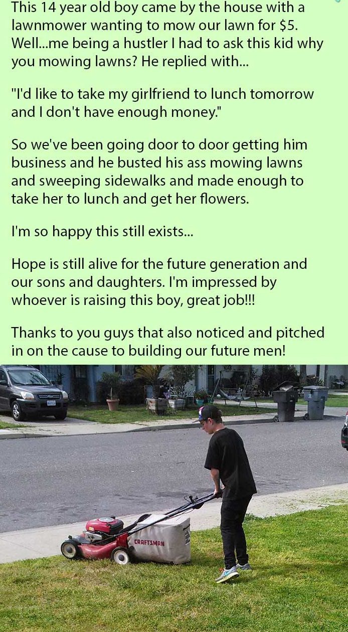 boy mowing lawn 
