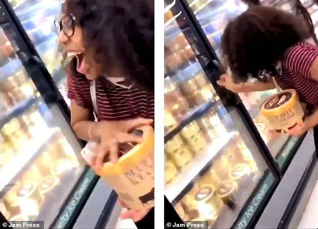woman licks ice cream store 